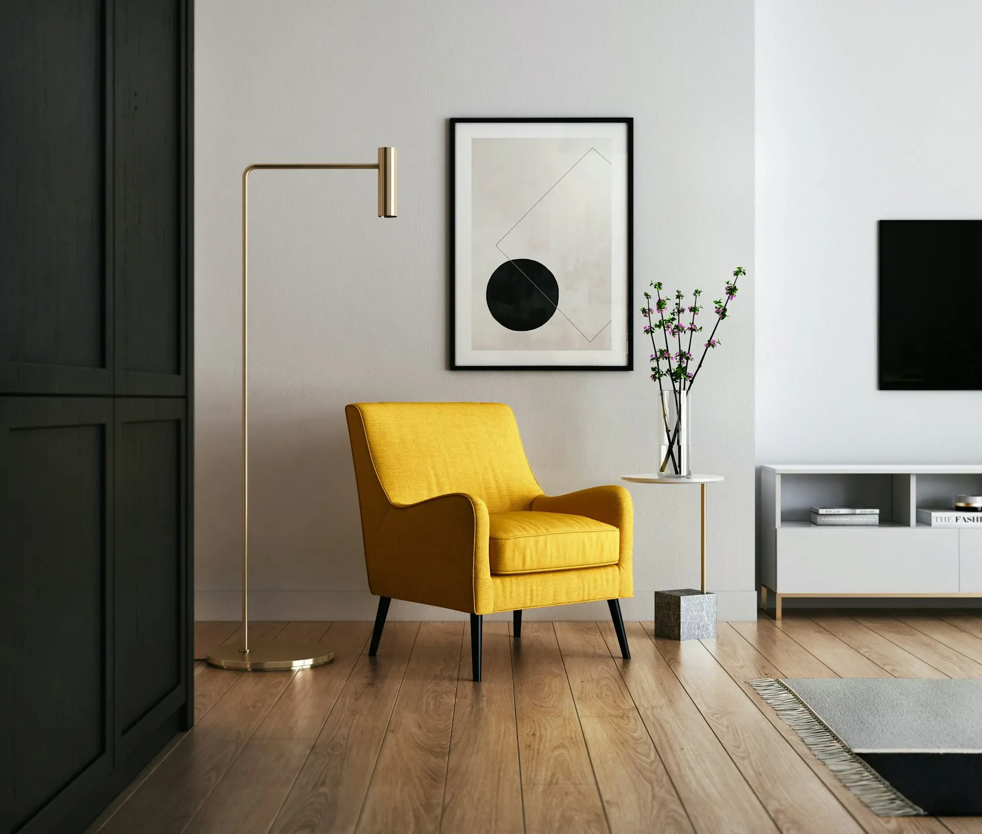 brown wooden framed yellow padded chair